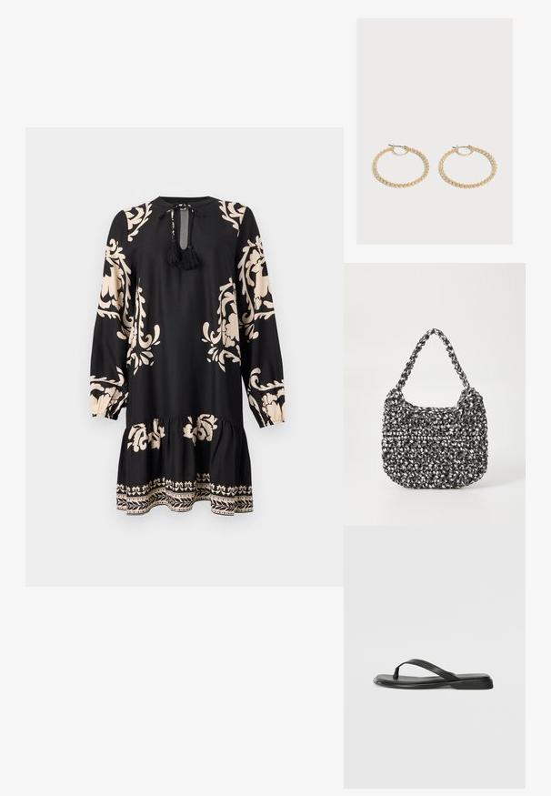 Schwarzes Kleid mit langen Ärmeln, verziert mit beige-blühenden Mustern und einem Rüschensaum. Inklusive einer Troddel-Krawatte am Hals für Details.; Schwarze Flip-Flops aus glattem Leder, mit einem dünnen Riemendesign und einer flachen Sohle mit minimalem Profil. Keine bemerkenswerten Muster oder Akzente.; Gewebte Handtasche in Schwarz und Weiß mit runder Form, strukturiertem Oberflächenfinish und geflochtener Grifffläche. Geeignet für den lässigen Gebrauch.; Paar mittelgroße goldene Creolen mit einem strukturierten, perlenbesetzten Design auf einfachem hellem Hintergrund.