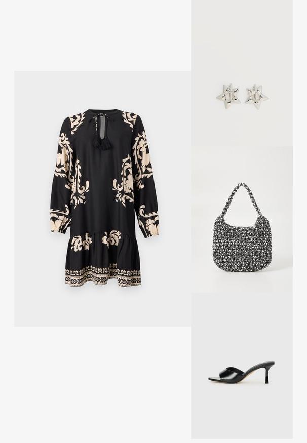 Sort kjole med lange ærmer, prydet med beige blomster mønstre og en flæse i bunden. Includerer en bindebånd ved halsen med frynser for detalje.; Sorte læder højhælede mules med open-toe design og en bred, buet overdel. Glat tekstur og slank silhuet.; Vævet håndtaske i sort og hvid med en rund form, tekstureret overflade og et fletet håndtag. Velegnet til afslappet brug.; Sølv stjerneformede øreringe med en glat, poleret finish på en ensfarvet hvid baggrund.