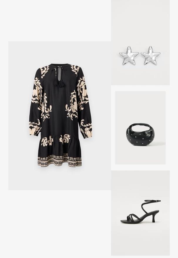 Vestido negro de manga larga, con patrones florales beige y un dobladillo con volantes. Incluye un lazo en el cuello con borlas como detalle.; Even&Odd Wide Fit by Zalando Sandalias - black; Bolso de mano de cuero negro con forma redondeada, decorado con detalles de tachuelas plateadas y un asa corta. Textura lisa y cierre con cremallera.; Pendientes en forma de estrella plateada con una superficie pulida y brillante. Cada pendiente presenta cinco puntas y sutiles detalles de textura en la superficie.