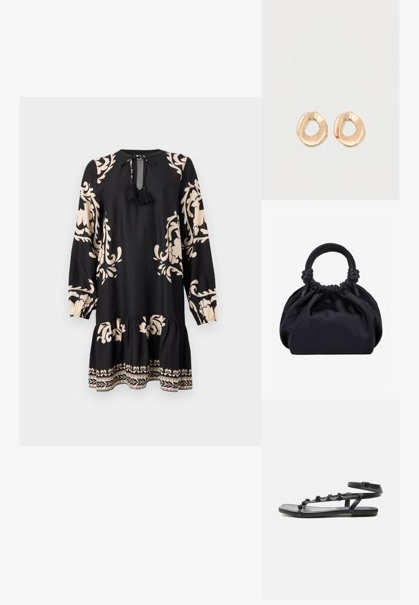 Vestido negro de manga larga, con patrones florales beige y un dobladillo con volantes. Incluye un lazo en el cuello con borlas como detalle.; Sandalia plana negra con correa en el tobillo y pequeñas decoraciones florales en las tiras delanteras delgadas, mostrada de lado sobre un fondo blanco.; Bolso de mano de tela negra suave con parte superior fruncida y asas acolchadas circulares atadas con nudos a cada lado.; Par de pendientes de aro de metal en tono dorado pulido, de forma irregular y con centro abierto, sobre un fondo blanco liso.