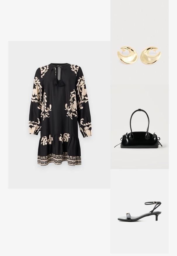 Schwarzes Kleid mit langen Ärmeln, verziert mit beige-blühenden Mustern und einem Rüschensaum. Inklusive einer Troddel-Krawatte am Hals für Details.; Schwarze Leder-Sandalette mit offenem Zehenbereich, niedrigem Kitten-Heel, dünnem Knöchelriemen mit goldfarbener Schnalle und dekorativem goldfarbenem Akzent am vorderen Riemen.; Kleine schwarze glänzende Handtasche mit zwei langen Griffen und seitlichen Kordelzug-Details vor einfachem hellem Hintergrund.; Ein Paar glänzende goldene, halbmondförmige Ohrstecker mit klaren Kunststoffverschlüssen auf einer hellgrauen Oberfläche.