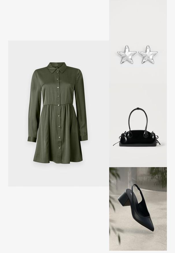 Robe boutonnée à manches longues de couleur vert olive, avec une taille cintrée et un col, jupe légèrement évasée et manches à revers.; Escarpin noir en cuir avec un bout pointu et un talon bloc. Texture lisse, design minimaliste et bride de cheville réglable.; Petit sac à main noir brillant avec deux longues anses et des détails à cordon sur les côtés sur un fond clair uni.; Boucles d'oreilles argentées en forme d'étoile, avec une surface lisse et brillante. Chaque boucle d'oreille possède cinq pointes et des détails subtils de texture de surface.