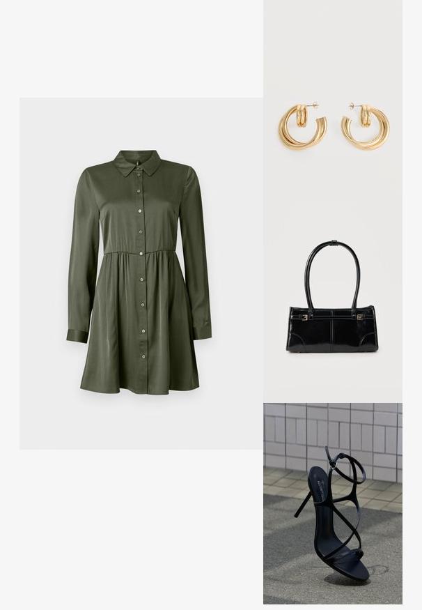 Robe boutonnée à manches longues de couleur vert olive, avec une taille cintrée et un col, jupe légèrement évasée et manches à revers.; Sandale noire à talon haut avec fines lanières et boucle à la cheville, positionnée debout sur un trottoir gris près d'un mur carrelé en arrière-plan.; Sac à main rectangulaire noir brillant avec deux fines bretelles et petits détails de boucles dorées à l'avant.; Paire de boucles d'oreilles créoles doubles en or brillant avec attaches à tige sur fond blanc.