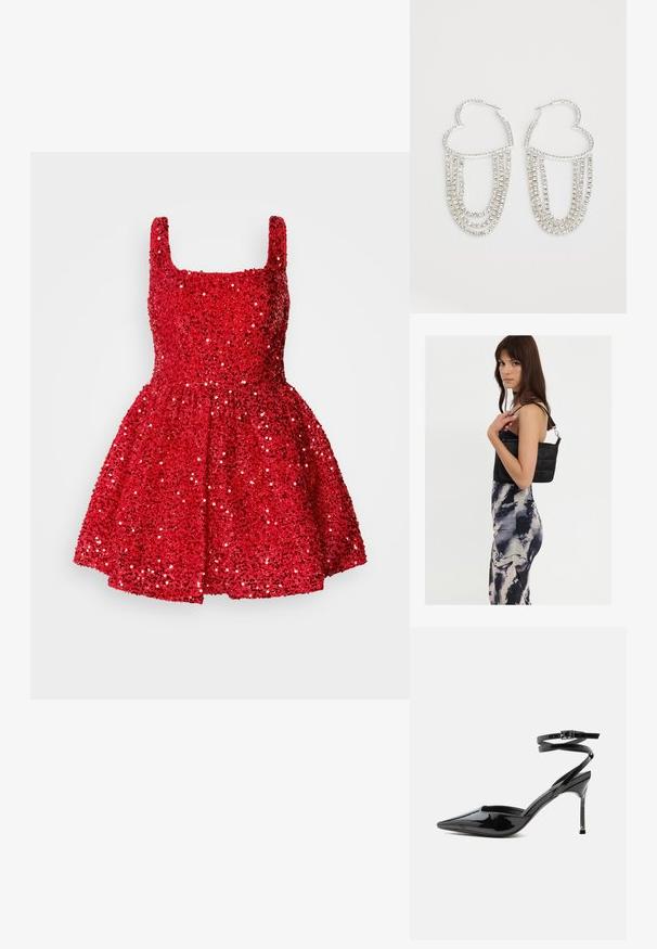 Rotes, mit Pailletten besetztes Kleid mit quadratischem Ausschnitt, ärmellosem Design, tailliertem Oberteil und ausgestelltem Rock. Funkelnde Textur überall.; Schwarzer Lackleder-Pumps mit spitzer Spitze, dünnen Knöchelriemen und kleiner Schnalle.; Schwarze gesteppte Schultertasche mit einem einzelnen Riemen und silberner Hardware, kombiniert mit einem figurbetonten Kleid im Batikmuster in Schwarz- und Cremetönen.; Silberne Creolen in Herzform, verziert mit herabhängenden Strängen aus klaren Strasssteinen für zusätzlichen Glanz und Textur.