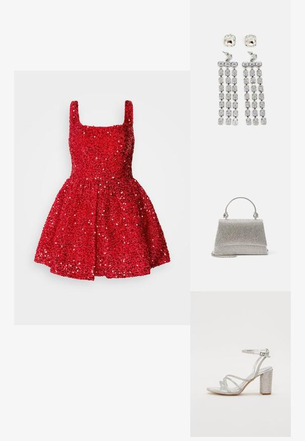 Robe rouge à paillettes avec un décolleté carré, sans manches, corsage ajusté et jupe évasée. Texture scintillante partout.; ALDO CHICGLOW PILLOW WALK - Sandales à talons hauts - silver; ALDO FELISIA - Sac à main - silver-coloured; Boucles d'oreilles en cristal avec des accessoires en ton argent, comportant un clou carré et des rangées en cascade de cristaux rectangulaires et octogonaux.