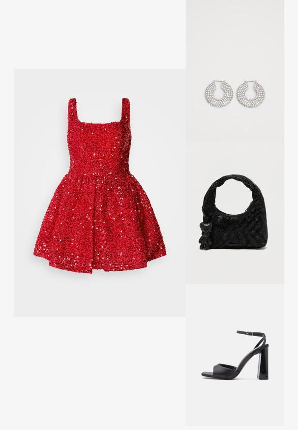 Rotes, mit Pailletten besetztes Kleid mit quadratischem Ausschnitt, ärmellosem Design, tailliertem Oberteil und ausgestelltem Rock. Funkelnde Textur überall.; Schwarze Satin-Sandalen mit hohem Blockabsatz, Knöchelriemen und Zehenöffnung. Mit minimalen Nähten und glatter Textur.; Schwarze Tasche, verziert mit funkelnden Strasssteinen, gebogenem Griff und Reißverschluss. Verfügt über charmante Akzente, darunter ein kleines Herz und eine Figur.; Silberne Creolen, verziert mit mehreren klaren Kristallverzierungselementen, mit einer strukturierten Oberfläche und einem offenen, kreisförmigen Design.