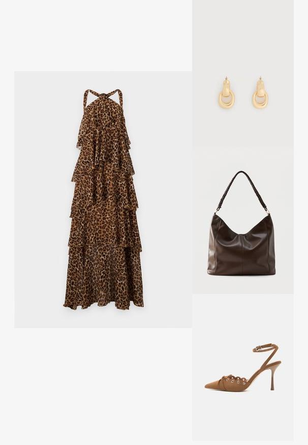 Vestido maxi estampado de leopardo con tirantes tipo halter y tela fluida en capas.; Salón de ante marrón con tacón alto, puntera puntiaguda, bordes festoneados, detalles de ojales plateados y correa al tobillo con hebilla.; Bolso de hombro de cuero marrón oscuro con un asa trenzada y detalles visibles de costuras en la parte frontal.; Par de pendientes tono dorado pulido con una parte superior rectangular curva unida a un aro de forma oval irregular, sobre un fondo blanco liso.