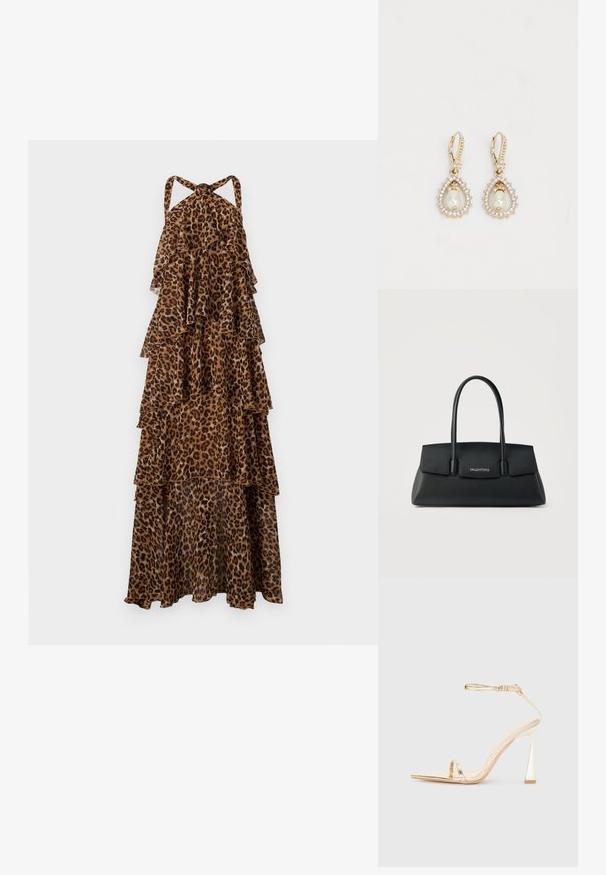 Leopardprint, lagdelt maxi-kjole med halterneck stropper og lagdelt, flydende stof.; Guld højhælede sandaler med spids tå og slank ankelrem. Har en blank overflade og en skulptureret geometrisk hæl.; Sort Valentino håndtaske med to lange hanke, rektangulær form og frontklaplukning med brandlogo i sølvbogstaver.; Guldtonede øreringe med dråbeformet design, der har en central perle omgivet af små klare krystaller. Med hængslet lukning.