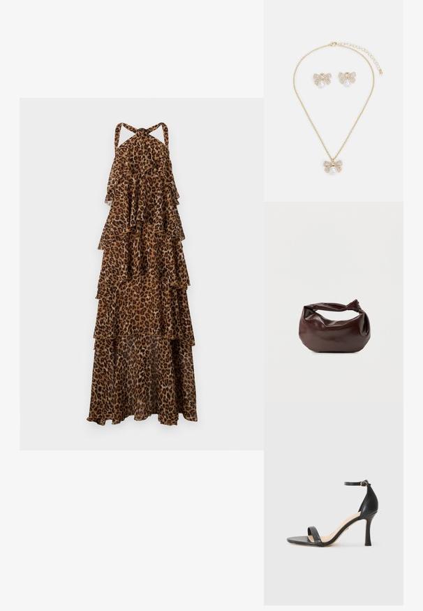Maxikleid mit Leopardenmuster, gestuft, mit Halterneck-Trägern und geschichteten, fließenden Stoffen.; Schwarze Leder-High-Heel-Sandale mit dünnem Knöchelriemen, offener Zehenpartie und einem eleganten, geschwungenen Absatz. Strukturiertes Sohlenprofil und minimalistisches Design.; Dunkelbraune Lederschultertasche mit weicher, lockerer Form und einem gedrehten Knotengriff vor schlichtem weißem Hintergrund.; Schmuckset in Gold-Ton, bestehend aus einer Halskette mit einem Schleifenanhänger, der mit Strasssteinen und einer zentralen Perle verziert ist, ergänzt durch passende Ohrringe.