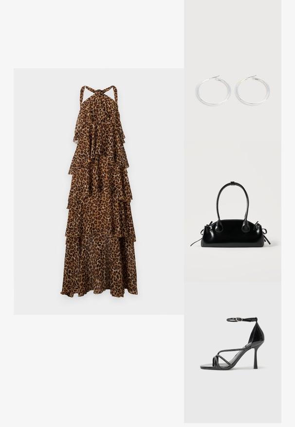 Leopardprint maxi-jurk met een gelaagd ontwerp, halternekbanden en vloeiende lagen stof.; Zwarte laklederen hoge hak sandaal met een enkelbandje, voorzien van crisscross straps en een slanke, puntige neus.; Kleine zwarte glanzende handtas met twee lange hengsels en zijkant trekkoord details op een effen lichte achtergrond.; Een paar glanzende zilveren oorringen met dunne draadafsluitingen, getoond op een lichtgrijze achtergrond.