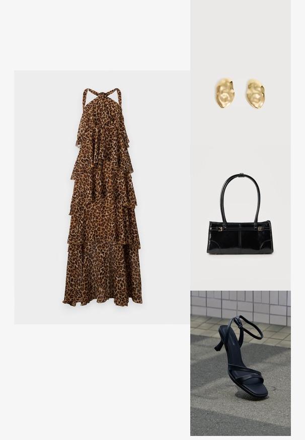 Leopardprint maxi-jurk met een gelaagd ontwerp, halternekbanden en vloeiende lagen stof.; Zwarte sandaal met hoge hak en bandjes, met enkelgesp, zwevend boven een gestructureerd grijs trottoir met een betegelde muur op de achtergrond.; Glanzend zwart rechthoekig handtasje met twee dunne schouderbanden en kleine gouden gespsdetails aan de voorkant.; Een paar glanzende, onregelmatig gevormde gouden metalen oorbellen met een gekreukeld, glad oppervlak op een effen lichte achtergrond.