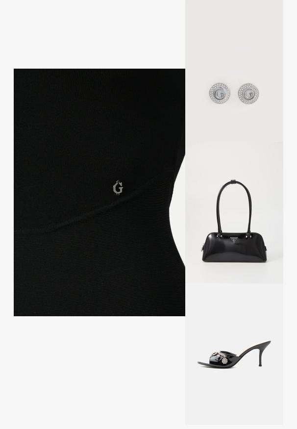 Top atlético negro con textura acanalada, que presenta un sutil logo plateado en el lateral y un diseño ajustado y elegante.; Mule de charol negro de tacón alto con punta abierta y adornos decorativos plateados, incluyendo una flor y un candado en la tira delantera.; Bolso de mano negro brillante con una silueta curva, dos asas y una placa de logo en la parte frontal. Cierre de cremallera y acentos de hardware brillante.; Pendientes de botón redondos plateados con una letra G en el centro, rodeada por dos filas de pequeños cristales transparentes.