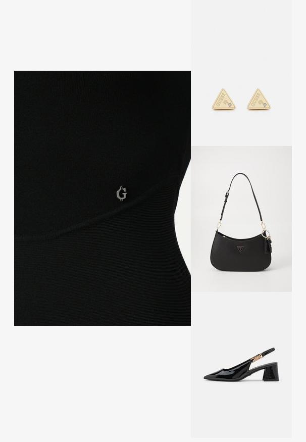 Top atlético negro con textura acanalada, que presenta un sutil logo plateado en el lateral y un diseño ajustado y elegante.; Zapatos de charol negro con tacón de pala y puntera afilada, con detalles en tono dorado en la correa, que presentan un tacón cuadrado. Textura suave.; Bolso de mano sintético negro con forma curvada, herrajes dorados y un logo triangular. Cuenta con un cierre de cremallera y una correa ajustable.; Guess PARTY - Pendientes - gold-coloured