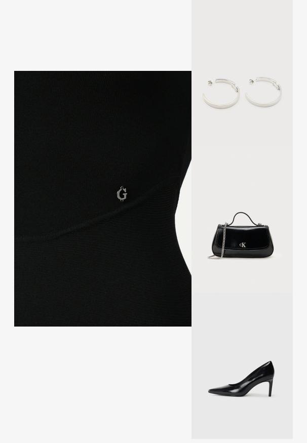 Top atlético negro con textura acanalada, que presenta un sutil logo plateado en el lateral y un diseño ajustado y elegante.; Zapato de tacón alto de cuero negro con punta afilada, textura suave y tacón en forma de cono. Diseño minimalista, sin adornos adicionales.; Bolso de mano de cuero negro con correa de cadena, forma estructurada y un acento de logo plateado. Textura suave con cierre de solapa.; Pendientes de aro semicírculo en tono plateado con textura acanalada y cierre de presión sobre fondo blanco.