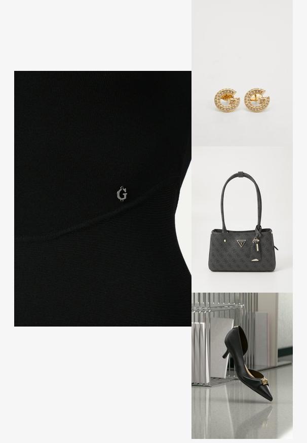 Schwarzes Sportoberteil mit geripptem Material, das ein dezentes silbernes Logo an der Seite und ein elegantes, eng anliegendes Design aufweist.; Schwarzer Schuh mit spitzer Spitze und Kitten-Heel mit goldenem Emblem auf der Schuhspitze, in der Luft schwebend vor einem reflektierenden Untergrund und Metallgestell im Hintergrund.; Schwarze Handtasche aus Kunstleder mit strukturiertem Muster, goldenen Beschlägen, dreieckigem Logodetail und einem abnehmbaren Charm. Zwei Schulterriemen.; Goldfarbene Steckerohrringe mit einer charakteristischen 'G'-Form, die am Rand mit klaren Strasssteinen verziert sind, und einer glatten metallischen Oberfläche.