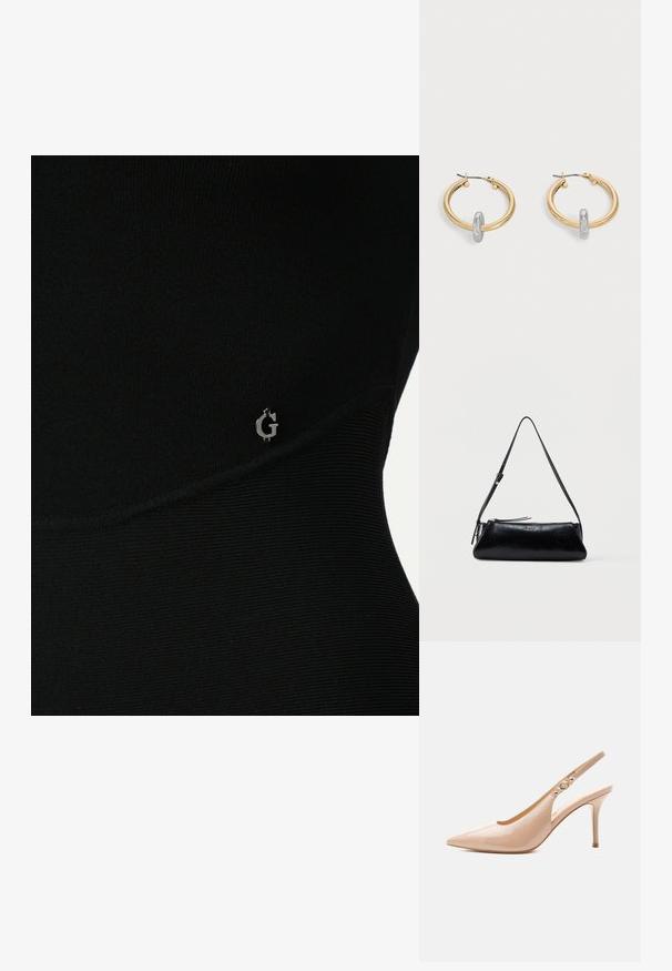 Zwarte sporttop met ribbelstructuur, voorzien van een subtiele zilveren logo aan de zijkant en een slank, nauwsluitend ontwerp.; Beige lakleren slingback pumps met hoge hak, puntige neus en een klein gouden gespdetail op het bandje.; Zwarte leren schoudertas met smalle verstelbare band, ritssluiting en klein metalen "GUESS" logo middenvoor.; Paar goudkleurige creolen met kleine zilverkleurige lusdetail op elk, weergegeven tegen een lichtgrijze achtergrond.