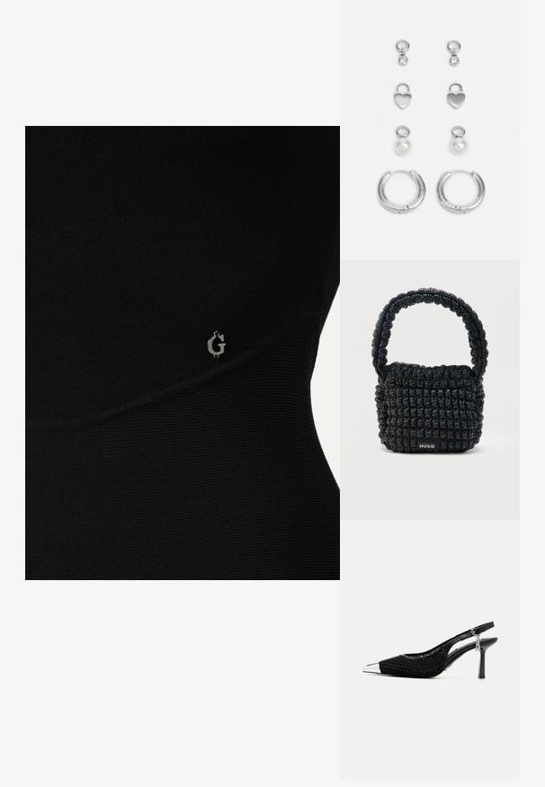 Zwarte sporttop met ribbelstructuur, voorzien van een subtiele zilveren logo aan de zijkant en een slank, nauwsluitend ontwerp.; Zwarte slingback hakken met een bovenwerk van textuurstof, een puntige neus en een metalen zilveren puntneus. Kenmerken zijn een slanke hak en een verstelbare band.; Kleine zwarte gewatteerde handtas met korte, gewatteerde handgreep en "HUGO"-label aan de voorkant, afgebeeld tegen een effen lichte achtergrond.; Drie paar zilveren oorbellen: korte studs met duidelijke stenen, hartvormige hangers en grote creolen met een gestructureerde afwerking.