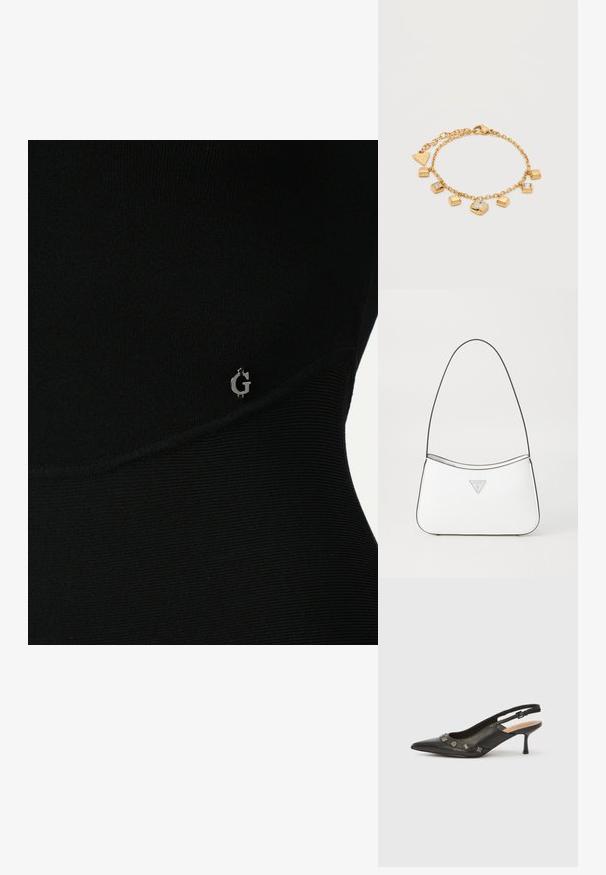 Top atlético negro con textura acanalada, que presenta un sutil logo plateado en el lateral y un diseño ajustado y elegante.; Zapato de tacón con talón descubierto en piel negra, punta puntiaguda, tacón pequeño y detalles metálicos decorativos a lo largo de la abertura frontal. Textura lisa.; Bolso de mano blanco con un diseño elegante y curvado, que cuenta con una delgada correa negra y un acento de logotipo triangular plateado. Textura suave y un detalle mínimo.; Pulsera de cadena dorada con dijes cuadrados, algunos con piedras claras, y una etiqueta triangular de marca cerca del cierre, mostrada sobre fondo blanco.