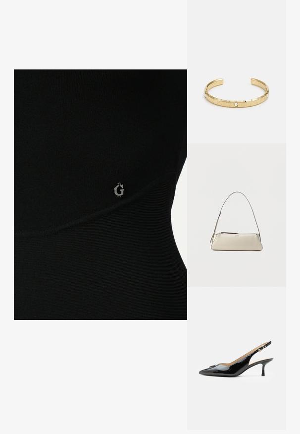 Schwarzes Sportoberteil mit geripptem Material, das ein dezentes silbernes Logo an der Seite und ein elegantes, eng anliegendes Design aufweist.; Schwarzer Pumps mit Riemchen aus Lackleder, spitz zulaufender Zehenpartie, kleinem Kitten-Heel und silberner Schnalle auf weißem Hintergrund.; Kleine beige Lederschultertasche mit dünnem Riemen und Reißverschluss, vorne in der Mitte mit einem dezenten metallischen Logo.; Goldenes Armreif aus Metall mit eingravierter "GUESS"-Buchstabierung, verziert mit kleinen klaren Kristallen entlang des Bandes, mit glatter Oberfläche und offenen Enden.