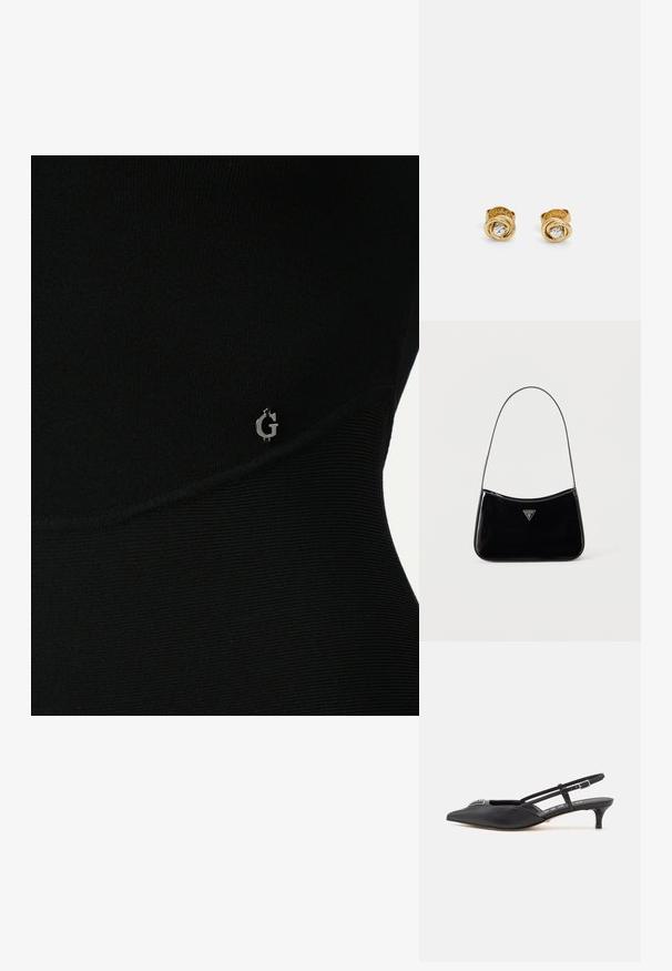 Top atlético negro con textura acanalada, que presenta un sutil logo plateado en el lateral y un diseño ajustado y elegante.; Zapatos slingback negros con punta afilada, hechos de material suave, con un pequeño tacón y un acento decorativo plateado en el empeine.; Bolso de hombro de charol negro con correa delgada, logotipo triangular de Guess en el frente y cierre superior con cremallera.; Pendientes de presión en tono dorado con un diseño en espiral y una brillante piedra de strass circular en el centro. Textura suave con marca grabada.