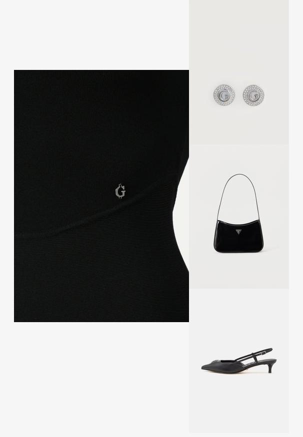 Zwarte sporttop met ribbelstructuur, voorzien van een subtiele zilveren logo aan de zijkant en een slank, nauwsluitend ontwerp.; Zwarte slingback schoenen met een puntige neus, gemaakt van glad materiaal, met een kleine hak en een decoratieve zilverkleurige accent op de wreef.; Zwarte schoudertas van lakleer met een smalle band, driehoekig Guess-logo aan de voorkant en een ritssluiting bovenaan.; Ronde zilveren studs met een letter G in het midden, omringd door twee rijen kleine heldere kristallen.