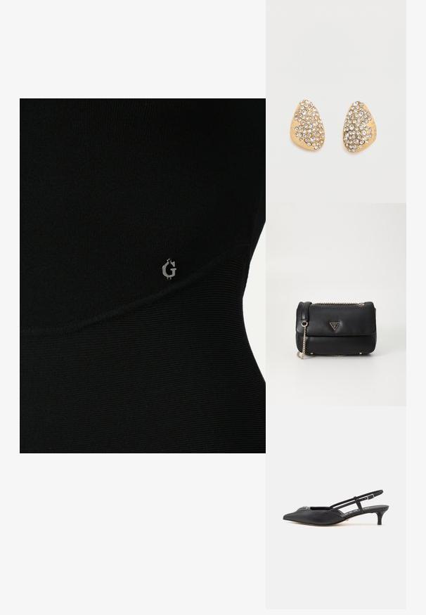 Zwarte sporttop met ribbelstructuur, voorzien van een subtiele zilveren logo aan de zijkant en een slank, nauwsluitend ontwerp.; Zwarte slingback schoenen met een puntige neus, gemaakt van glad materiaal, met een kleine hak en een decoratieve zilverkleurige accent op de wreef.; Zwarte leren schoudertas met gouden kettingriem en driehoekig Guess-logo op de voorflap, op een effen witte achtergrond.; Driehoekige oorstekers in goudkleur met clusters van heldere strass-steentjes die het oppervlak bedekken, weergegeven op een effen witte achtergrond.