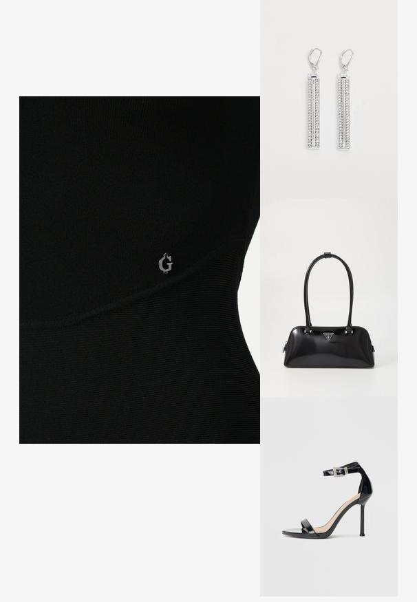 Zwarte sporttop met ribbelstructuur, voorzien van een subtiele zilveren logo aan de zijkant en een slank, nauwsluitend ontwerp.; Zwarte sandalen met hoge hak van lakleer en een enkelriempje. Heeft een minimalistisch ontwerp, open teen en een gesp met strass-steentjes.; Zwarte glanzende handtas met een gebogen silhouet, twee handvatten en een logo plaatje aan de voorkant. Ritssluiting en glanzende hardware accenten.; Zilveren oorbellen met twee langwerpige staven, elk bezet met kleine, heldere strassstenen in een lineair patroon. Met hengsluiting.