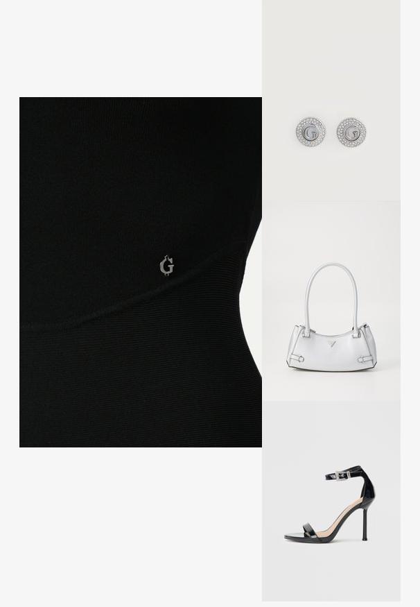 Sort atletisk top med ribbet tekstur, der har et subtilt sølvlogo på siden og et slankt, tætsiddende design.; Sort højhælet sandal i laklæder med ankelrem. Har minimalistisk design, åben tå og spænde med rhinsten-detaljer.; Sølv håndtaske med et struktureret design, der har to håndtag, en skinnende overflade, accenthardware og et trekantet logo på fronten.; Runde sølv ørestikker med bogstavet G i midten, omgivet af to rækker små klare krystaller.