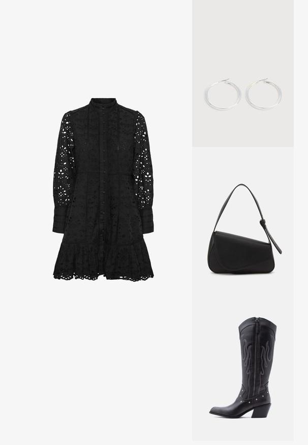 Schwarzes besticktes Kleid mit hohem Kragen, Knopfverschluss, langen Ärmeln und gerüschtem Saum. Es weist ausgeschnittene florale und geometrische Muster auf.; Schwarze Cowboy-Stiefel aus Leder mit spitzer Zehenpartie, sichtbarer Nahtführung, silbernen Nietenakzenten und Reißverschluss auf der Innenseite.; Schwarze Lederhandtasche mit dreieckiger Form, schrägem Klappdeckel und rundem Oberhandgriff. Verfügt über eine glatte Textur und minimalistische Designdetails.; Paar glänzende silberne Creolen mit dünnen Drahtverschlüssen, dargestellt vor einem hellgrauen Hintergrund.