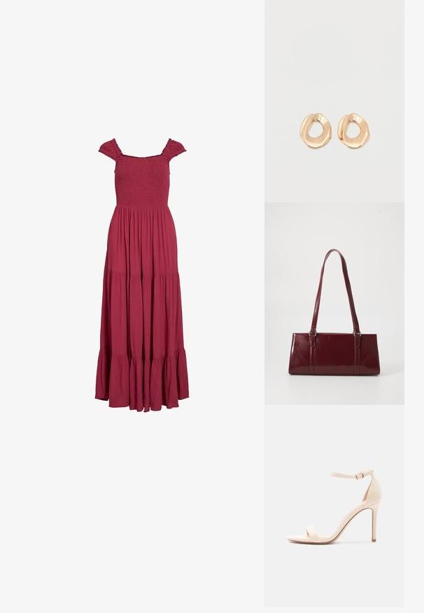 Φόρεμα σε βαθύ κόκκινο μέχρι το πάτωμα με κορσέ με λάστιχο, κοντά βολάν μανίκια και βαθμιδωτή, ρευστή φούστα.; Μπεζ ψηλοτάκουνο σανδάλι με λουράκι στον αστράγαλο και ανοιχτή μύτη, με λείο φινίρισμα και λεπτό τακούνι στιλέτο σε λευκό φόντο.; Μπορντό τσάντα ώμου από γυαλιστερό υλικό, ορθογώνιο σχήμα, με δύο ιμάντες ώμου και λεπτές καμπύλες λεπτομέρειες στο μπροστινό μέρος.; Ζευγάρι σκουλαρικιών κρίκος από μέταλλο σε χρυσή απόχρωση με γυαλιστερό φινίρισμα και ακανόνιστο σχήμα, με ανοιχτό κέντρο, σε λευκό απλό φόντο.
