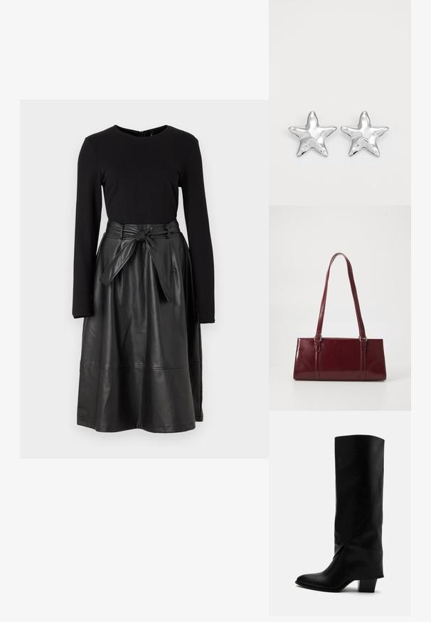 Zwarte long sleeve top gecombineerd met een zwarte faux leren rok, met een gestrikt tailleband en een gladde, glanzende textuur.; Hoge zwarte leren laars met schuine stiksels, puntige neus en stevige hak van gemiddelde hoogte op witte achtergrond.; Bourgondische handtas van glanzend materiaal, rechthoekige vorm, met twee schouderbanden en subtiele gebogen accenten aan de voorkant.; Zilveren stervormige oorbellen met een gepolijste, glanzende afwerking. Elke oorbel heeft vijf punten en subtiele textuurdetails op het oppervlak.