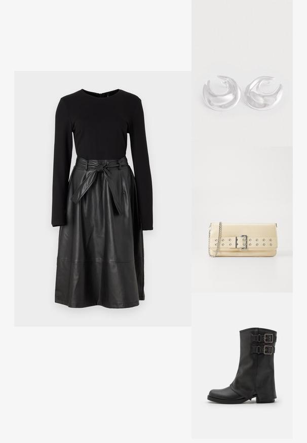 Sort langærmet top kombineret med en sort skørtafælles læder, der har en bundet talje og en glat, skinnende tekstur.; Even&Odd Cowboy- / bikerstøvler - black; Beige clutch tas med bredt bælte med sølvøjer og spænde, samt en sølvkædestrop på en hvid baggrund.; Et par polerede sølv halvmåneformede hoops med en glat, reflekterende overflade på en hvid baggrund.