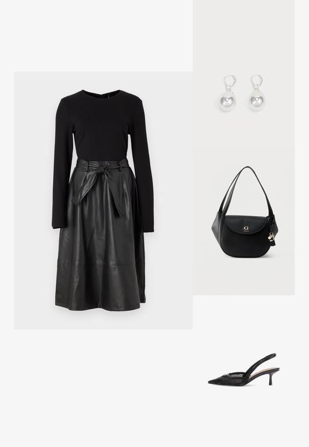Top negro de manga larga combinado con una falda negra de cuero sintético, con una cintura atada y una textura suave y brillante.; Zapato negro de punta puntiaguda con tira trasera tipo slingback, detalle de malla, tacón bajo tipo kitten y adorno decorativo en la parte superior.; Bolso de hombro de cuero negro con solapa curva, logo dorado "G GUESS", correas dobles y charms colgantes de llavero sobre un fondo liso.; Pendientes de plata en forma de gota con superficies redondas y reflectantes colgando de cierres de palanca. El fondo es blanco liso.