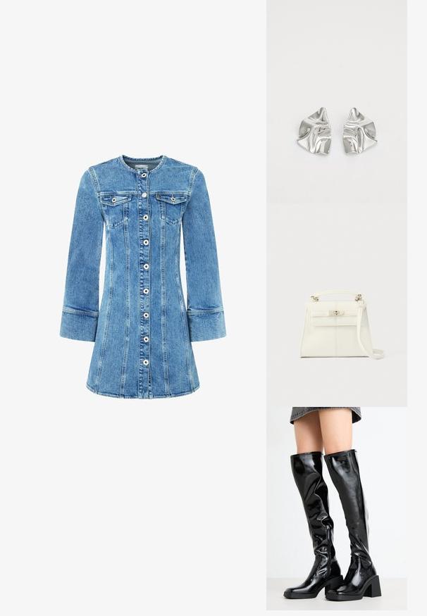 Denim-mekko, jossa on vaaleansininen pesu, nappi edessä, kaksi rintataskua ja pitkät hihat. Mukana rakenteelliset saumat ja levenevä helma.; Musta, kiiltävä, polveen ulottuva saappaat, joissa on neliönmuotoinen kärki ja paksu korko. Ominaisuuksiin kuuluu sivuvetoketju ja tiukka, teksturoitu muotoilu.; Valkoinen nahkalaukku, jossa on jämäkkä muoto, yläsanka, irrotettava olkahihna ja hopeanvärinen lukko. Sileä pinta, minimalistinen muotoilu.; Hopeakauppaketju, jossa on aaltoileva, veistoksellinen muotoilu ja kiiltävä pinta, esittelee epäsäännöllisiä muotoja, korostaen nykyaikaista estetiikkaa.