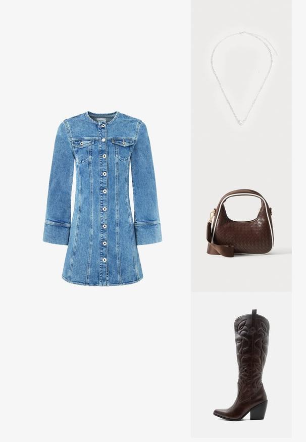 Jeanskleid mit einem hellblauen Waschung, Knopfverschluss vorne, zwei Brusttaschen und langen Ärmeln. Verfügt über strukturierte Nähte und einen ausgestellten Rock.; Hoher dunkelbrauner Leder-Cowboystiefel mit gestickten dekorativen Mustern, spitzer Spitze und gestapeltem Blockabsatz.; Braune gewebte Lederhandtasche mit weißer Paspel, goldenem Reißverschluss und abnehmbarem braunem Stoff-Schulterriemen.; Silberne Halskette mit einem herzförmigen, klaren Edelstein in der Mitte, ovalen Gliedern und einem sicheren Karabinerverschluss.