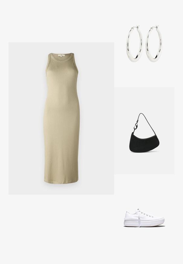 Geribbelde, beige midi jurk met een getailleerde pasvorm, mouwloos ontwerp en ronde halslijn; gemaakt van zachte, rekbare stof.; Witte lage canvas sneaker met dikke plateauzool, veters aan de voorkant en rubberen toeskap met structuur, zijaanzicht.; Zwarte handtas met een gebogen vorm, een gladde textuur en een korte band met een metalen sluiting. Minimalistisch ontwerp zonder patronen of accenten.; Zilveren oorbellen in de vorm van een gladde, glanzende ring. Circulaire vorm, voorzien van een veilige sluiting. Eenvoudig en elegant ontwerp.