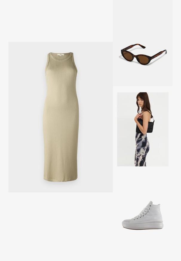 Vestido midi beige de canalé con silueta ajustada, diseño sin mangas y escote redondeado; confeccionado en material suave y elástico.; Zapatilla de lona blanca de caña alta con cordones blancos, ojales metálicos, suela gruesa de goma y puntera texturizada, mirando hacia la izquierda sobre un fondo blanco.; Gafas de sol de carey marrón con una forma vintage de ojo de gato y lentes marrones. Presentan brazos curvados con acentos rojos.; Bolso de hombro negro acolchado con una sola correa y herrajes plateados, combinado con un vestido ajustado de patrón tie-dye en tonos de negro y crema.