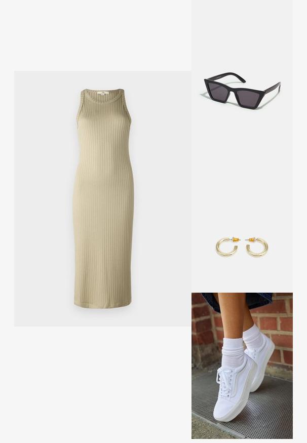 Vestido midi beige de canalé con silueta ajustada, diseño sin mangas y escote redondeado; confeccionado en material suave y elástico.; Zapatillas de lona blancas con suelas de goma, que presentan seis ojales, puntera redonda y detalles de costura ligera, combinadas con calcetines blancos hasta el tobillo.; Gafas de sol negras y angulares con lentes grises; fabricadas en plástico, con varillas gruesas de superficie suave y sin herrajes visibles.; Pendientes de aro en tono dorado con una forma suave y redondeada y un acabado pulido. Presentan acentos naranjas en la parte trasera para un ajuste seguro.