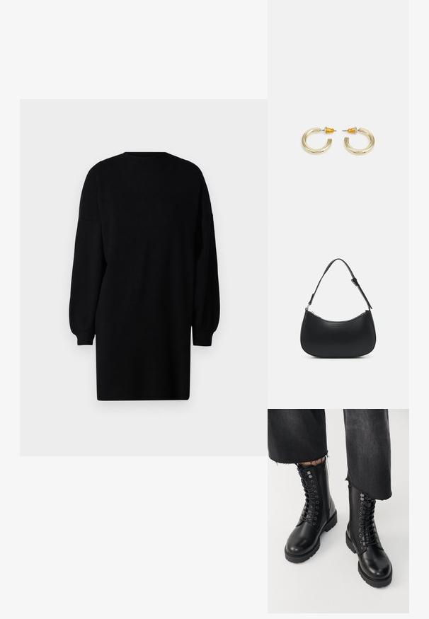 Schwarzes Strickkleid mit Rundhalsausschnitt, langen Puffärmeln und lockerer Passform. Glatte Textur ohne sichtbare Muster oder Hardware-Details.; Schwarze Knöchelboots aus glattem Leder mit Schnürung vorne und seitlichem Reißverschluss. Die robuste Sohle und die detaillierten Ösen sorgen für Textur.; Pieces PCALUANA SHOULDER BAG - Handtasche - black; Goldfarbene Creolen mit einer glatten, abgerundeten Form und einer polierten Oberfläche. Mit orangefarbenen Akzenten auf der Rückseite für sicheren Halt.