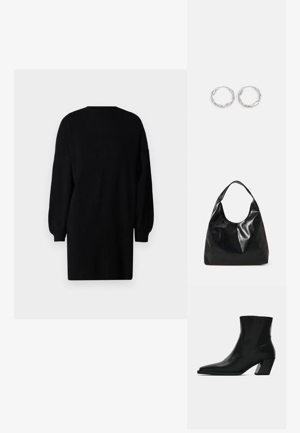 Schwarzes Strickkleid mit Rundhalsausschnitt, langen Puffärmeln und lockerer Passform. Glatte Textur ohne sichtbare Muster oder Hardware-Details.; Schwarze Leder-Stiefelette mit spitzem Zeh, schlanker Silhouette und klobigem quadratischem Absatz. Glatte Textur mit minimalen Nähdetails.; Schwarze Leder-Hobo-Tasche mit einer weichen, glänzenden Textur und einem runden, offenen Oberteil. Verfügt über einen breiten, gebogenen Tragegurt. Keine sichtbaren Beschläge.; Silberne Creolen mit einer welligen, unregelmäßigen Textur. Besitzen eine dünne, kreisförmige Form und eine reflektierende Oberfläche.