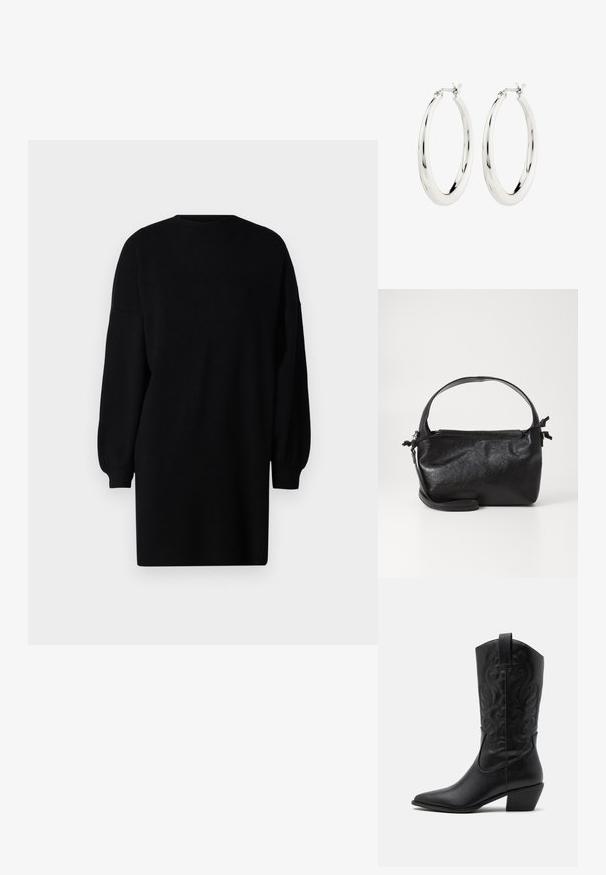 Schwarzes Strickkleid mit Rundhalsausschnitt, langen Puffärmeln und lockerer Passform. Glatte Textur ohne sichtbare Muster oder Hardware-Details.; Schwarze Leder-Cowboy-Stiefel mit spitzem Zeh, geprägten, wirbelnden Mustern und einem mittelhohen Absatz. Mit einem Zuglasche für einfaches An- und Ausziehen.; Schwarze Lederhandtasche mit strukturiertem Design, rundem Haltegriff und abnehmbarem Schulterriemen. Sie weist eine glatte Oberfläche und einen subtilen Glanz auf.; Silberne Creolen mit einer glatten, glänzenden Oberfläche. Kreisform, ausgestattet mit einem sicheren Verschluss. Einfaches und elegantes Design.
