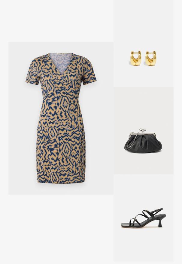 Robe à manches courtes beige avec un motif abstrait bleu, dotée d'un décolleté en V et d'une taille cintrée. Fabriquée en tissu léger.; Sandales à strapes en cuir verni noir avec un bout carré et un petit talon carré. Présente des accessoires en métal doré et des brides de cheville réglables.; Porte-monnaie en cuir noir avec texture froncée, cadre en métal argenté, fermeture à verrouillage kiss-lock et bandoulière en chaîne. Surface lisse et douce.; Boucles d'oreilles en or avec un design élégant et arrondi. Présentent un centre creux et une surface brillante, complétant les styles modernes.