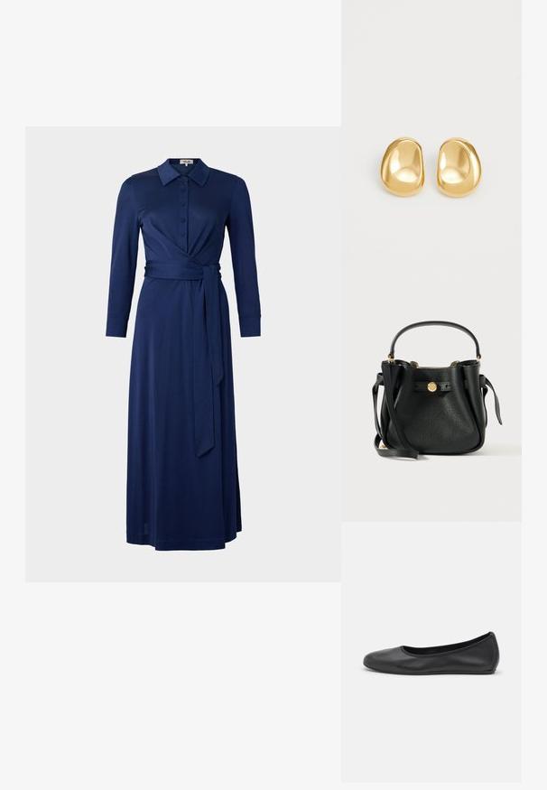 Vestido azul marino con cuello, mangas largas, cierre frontal de botones y cinta en la cintura. Presenta un diseño envolvente y una textura suave. La longitud llega hasta media pantorrilla.; Bailarina de piel negra con punta redondeada, textura suave, detalle de costura minimalista y diseño de suela flexible.; Bolso de cuero negro texturizado con un asa corta, una correa larga para el hombro y un cierre de logo redondo en tono dorado en la parte frontal.; Pendientes de studs en color dorado con una forma suave y redondeada y una superficie reflectante, que exhiben un diseño minimalista y sin patrones visibles.