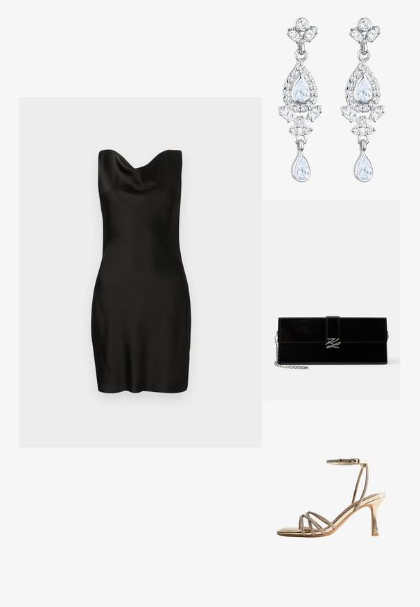 Schwarzes Satin-Kleid mit Cowl-Ausschnitt. Das Design ist figurbetont, hat eine glatte Textur und eine kurze Länge, die eine schlanke, minimalistische Silhouette zur Geltung bringt.; Goldene Sandalette mit hohem Absatz, dünnen Riemen mit Strasssteinen über den Zehen und einem Knöchelriemen mit Schnallenverschluss.; Glänzende schwarze rechteckige Clutch mit silbernem Kettenriemen und silberner, ineinander verschlungener Initial-Schließe an der vorderen Klappe.; Elli ANTIQUE DROP - Ohrringe - weiß