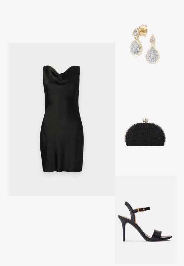 Schwarzes Satin-Kleid mit Cowl-Ausschnitt. Das Design ist figurbetont, hat eine glatte Textur und eine kurze Länge, die eine schlanke, minimalistische Silhouette zur Geltung bringt.; Schwarze Sandalen mit hohen Absätzen und glattem Leder-Obermaterial, offene Zehenpartie und einem Design mit einem einzigen Riemen, verziert mit einer goldenen Schnalle.; Schwarze Abend-Clutch mit strukturiertem Stoff, eingefasst von einer Reihe kleiner Perlen und einem großen Perlenverschluss oben.; Tropfenohrringe mit einem goldenen Rahmen und silbernen Akzenten, verziert mit mehreren kleinen, runden glitzernden Steinen in einer dekorativen Anordnung.