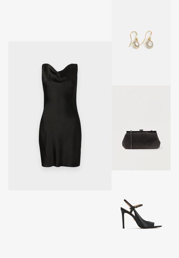 Sort satin kjole med en draperet halsudskæring. Designet er tætsiddende, har en glat tekstur og er i kort længde, hvilket fremhæver en strømlinet, minimalistisk silhuet.; Sorte læder slingback-stilethæle med spids tå, justerbar ankelrem og spænde i guldton. Glat tekstur og elegant silhuet.; Sort mesh clutch-taske med en struktureret silhuet, prydet med små metalstuds, har en låsemekanisme og en aftagelig kæderekke.; Guldtonede øreringe med ovalformede klare krystaller omgivet af mindre klare sten, med et krogdesign for sikker bæring.