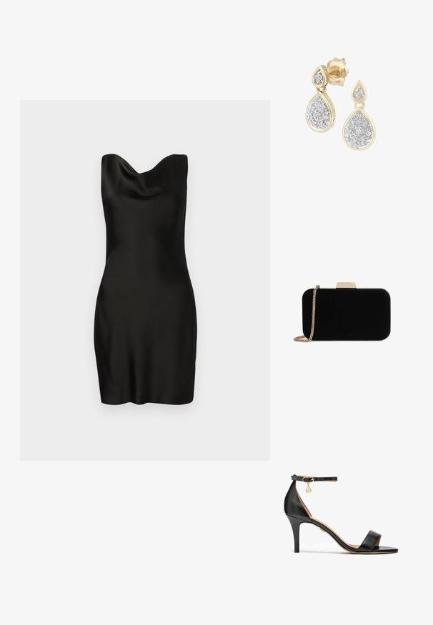 Schwarzes Satin-Kleid mit Cowl-Ausschnitt. Das Design ist figurbetont, hat eine glatte Textur und eine kurze Länge, die eine schlanke, minimalistische Silhouette zur Geltung bringt.; Schwarze Leder-Sandaletten mit hohem Absatz, einem einzelnen Riemen über den Zehen, einem Knöchelriemen, goldenen Beschlägen und einem schlanken Stiletto-Absatz.; Schwarze Samt-Clutch mit goldfarbener Hardware, rechteckiger Form und Kettenriemen, mit glatter Textur und ohne sichtbare Muster.; Tropfenohrringe mit einem goldenen Rahmen und silbernen Akzenten, verziert mit mehreren kleinen, runden glitzernden Steinen in einer dekorativen Anordnung.
