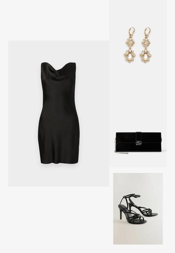 Vestido de satén negro con escote drapeado. El diseño es ajustado, de textura suave y corto, mostrando una silueta elegante y minimalista.; Sandalias de tacón alto negras con correas trenzadas, hebilla en el tobillo y textura suave. Diseño de punta abierta con tacón de aguja esbelto.; Clutch rectangular negro brillante con correa de cadena plateada y cierre con iniciales plateadas entrelazadas en la solapa frontal.; Pendientes colgantes en tono dorado con un diseño de racimo que incluye cristales claros en forma redonda y de lágrima, mostrando un detallado intrincado.
