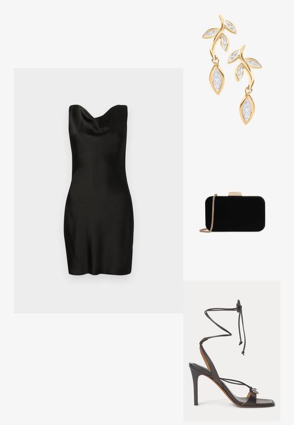 Vestido de satén negro con escote drapeado. El diseño es ajustado, de textura suave y corto, mostrando una silueta elegante y minimalista.; Sandalia negra de tacón alto con finas correas para atar en el tobillo, punta abierta y anillos decorativos plateados en la tira frontal sobre fondo blanco.; Clutch de terciopelo negro con herrajes en tono dorado, de forma rectangular y con correa de cadena, que presenta una textura suave y sin patrones visibles.; DIAMANT L'ÉTERNEL Pendientes - gold coloured