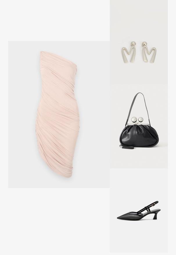 Roosa rüüsitud väljavenitatud kleit, millel on sobiv siluett, sile tekstuur ning asümmeetriline disain, millel on kokkuvõtu detailid ühel küljel.; Mustad terava ninaga slingback-kingad võrgust pealse, õhukeste rihmade, kuldse pandla ja madala kumerdatud kontsaga valgel taustal.; Mustast nahast käekott kogutud disainiga, ühe rihmaga, hõbedase metallraamiga ja kahe suure ümmarguse hõbedase klambriga.; Hõbeda tooniga metallist kõrvarõngad, mis on kujundatud nurkadega tähe M kujuliseks ja millel on ümarad postid, valgel taustal.